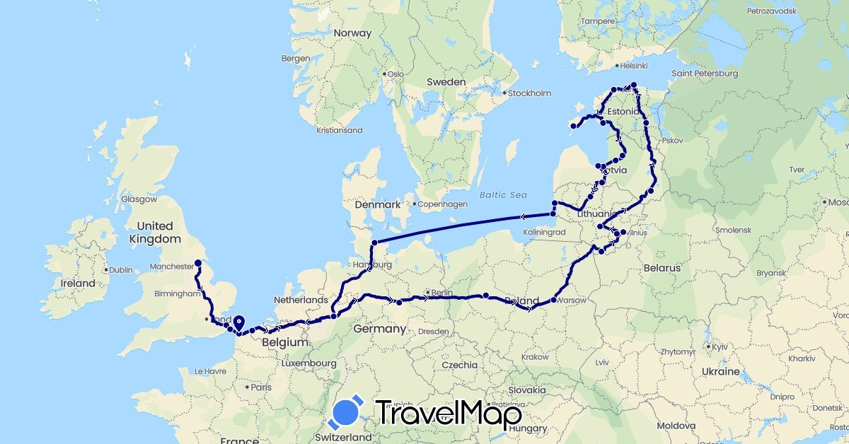 TravelMap itinerary: driving in Belgium, Germany, Estonia, France, United Kingdom, Lithuania, Latvia, Poland (Europe)